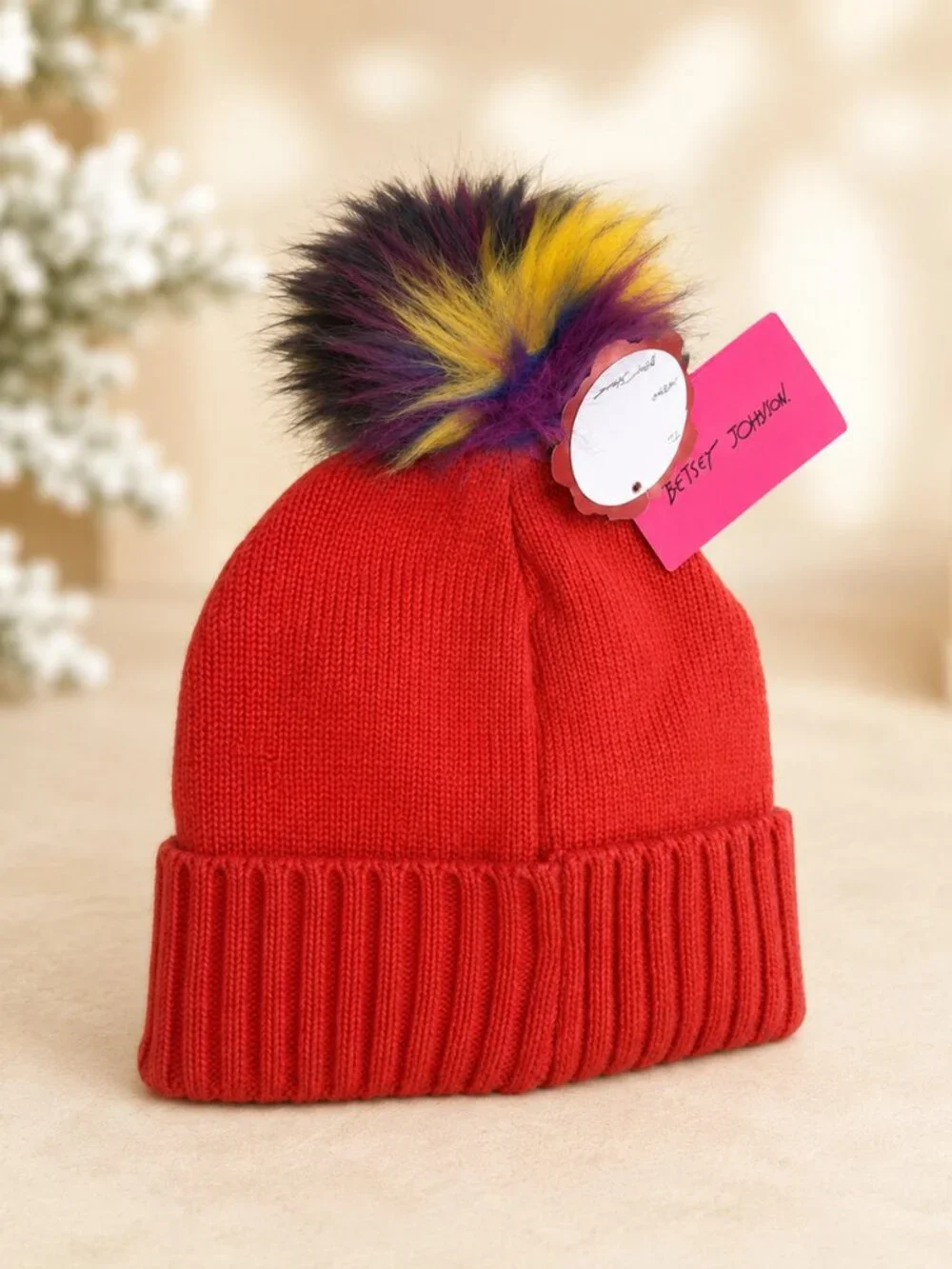 Betsey Johnson Red Knit Beanie Multicolor Faux Fur Pom Pom Hat NWT